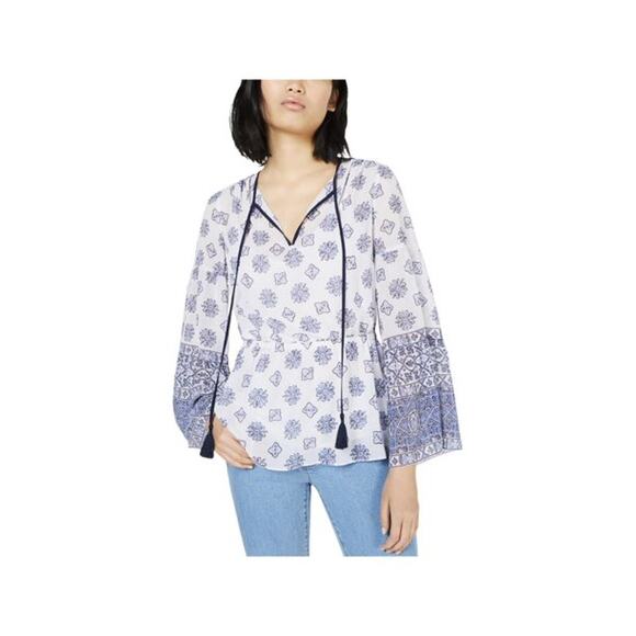 NWT MICHAEL Michael Kors Mosaic Tie Neck Peasant Top - Various - Picture 1 of 5